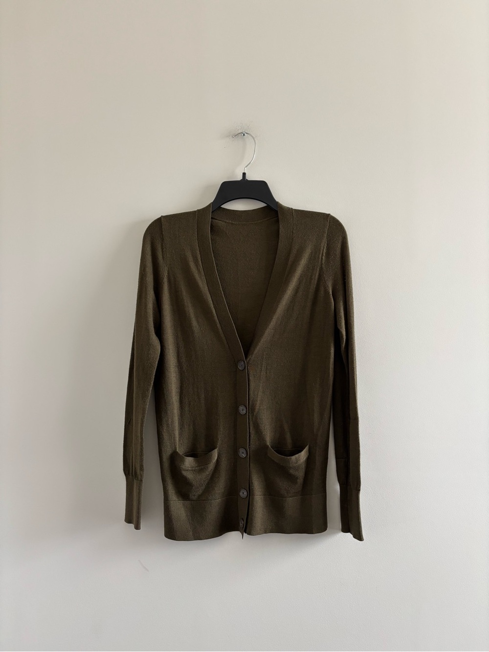 LOFT Cardigan Sweater Olive Green Wool Blend V-Neck Women S Preppy Classic